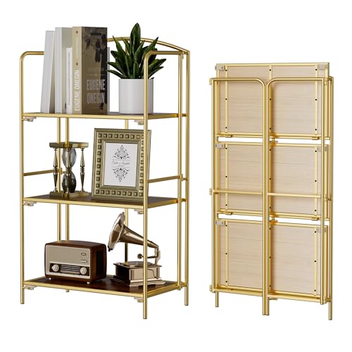 Crofy 3-Tier Foldable Bookshelf, Gold Frame & Walnut Shelves - color: Gold Frame & Walnut Shelf, size: 3 Tier