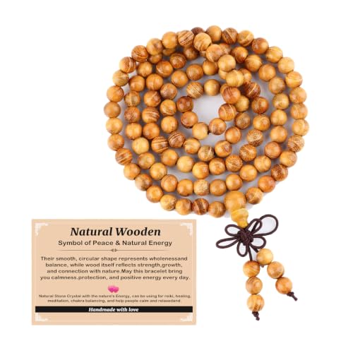 AD Beads 6mm 8mm 108 Prayer Mala Jasper Elastic Bracelet - Handmade Yoga Meditation Healing Power Energy Gifts for Unisex Adult. - color: Gold Sandal wood (Peace)