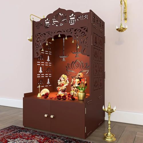 Lotus Pattern MDF Wood Temple with Spacious Shelf inbuilt Focus Light White - color: White, size: Large