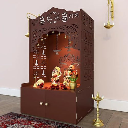 Lotus Pattern MDF Wood Temple with Spacious Shelf inbuilt Focus Light White - color: White, size: Large