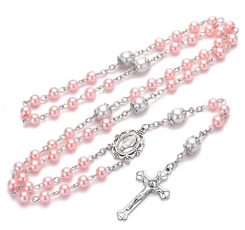 Rosary for Women with Case and 18pcs Prayer Cards, First Communion Gifts for Girls, Glass Pearl Beads and Virgin Mary Medal, Catholic Gifts - color: Pink