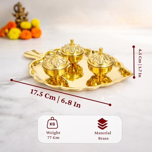 Spillbox Brass 3 Leaf Bowl Pooja Thali | Traditional Handcrafted Thali Holder with Lid for Mandir & Home | Roli, Chawal | Pooja Item Gift for Diwali, Navratri - 3 Leaf Bowl - Small