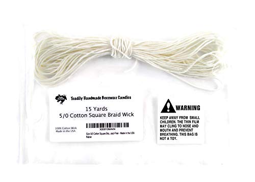 15 Yards/45 Feet - Size 5/0 Cotton Square Braid Candle Wick - 100% Cotton Candle Wick - Unprimed and Lead-Free - Made in the USA - size: 5/0