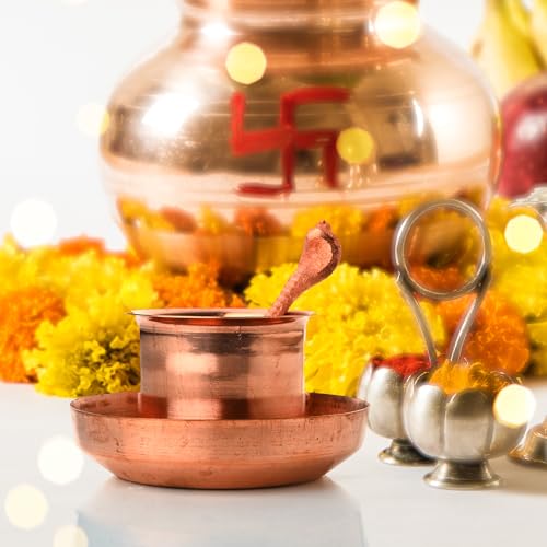 Traditional Indian Panch Patra Lota Prasad Plate with Achmani Spoon Pooja Utensils Accessory Item Articles for Mandir Temple Festival Pooja Purpose Religious Occasions(Panchpatra Set-3 Pcs) - color: Panchpatra Set-3 Pcs