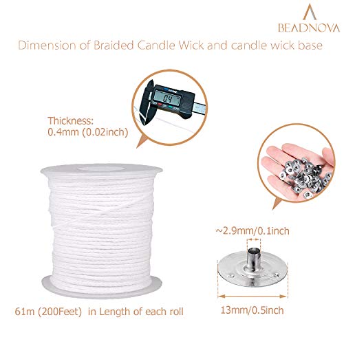 BEADNOVA Braided Candle Wick Spool with Base Set 200 ft Cotton Candle String Roll and 300pcs Wick Clips Sustainer Tabs for Making DIY