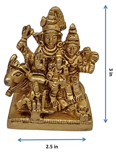 Purpledip Brass Idol Shiva with Parvati, Ganesha, Karthikeya and Nandi: Vintage Statue for Home Temple (10382A)