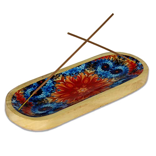 Bless-International Traditional-Handmade-Tray-Burner Wooden-Trat-Incense-Stick-Holder Ash-Catcher-Stand for-Aromatherapy-Meditation-Yoga 11x4x1.22 Inches (Abstract Flowers) - color: Abstract Flowers