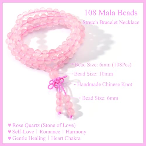108 Mala Beads Stretch Bracelet 6mm Natural Gemstone Prayer Beaded Necklace - color: Rose Quartz