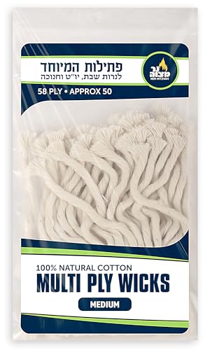 Ner Mitzvah Natural Smokeless Cotton Wicks – 50 Count (Approx.) 58 Ply Medium Thickness for Oil Cup Candle – Replacement Wicks - size: Medium