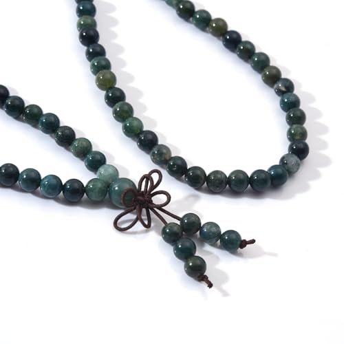 108 Mala Beads Stretch Bracelet 6mm Natural Gemstone Prayer Beaded Necklace - color: Moss Agate