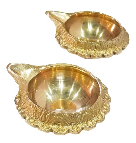 athizay Brass Diyas Pack of 2 for Pooja Virgin Brass Indian Diya Set Oil lamp Sets for Gifting Home Decor Vilakku (Kuber Diya Set 2)