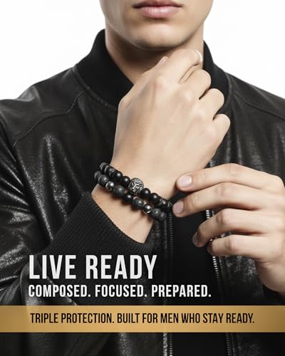 Mens Beaded Bracelets, Cross Bracelet for Men with Hematite Black Obsidian Lava Stone Triple Protection Bracelets for Men - size: Small, style: Lion
