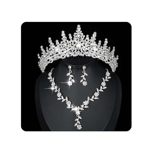 Kamirola Tiaras and Crowns for Women,Tiaras Earrings Necklace, Crystal Bridal Jewelry Set (TR48) - color: Silver