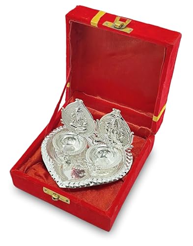NOBILITY German Silver Diya with Red Velvet Gift Box Ganesh Lakshmi Design Idol Dia Pooja Items Diwali Decoration Puja Gifts Handmade Oil Lamp Traditional Indian Deepawali Gift Items - size: 1 Set