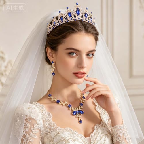 Kamirola Tiaras and Crowns for Women,Tiaras Earrings Necklace, Crystal Bridal Jewelry Set, Costume Party Halloween Prom Pageant Jewelry for Women(TR45) - color: Gold Blue