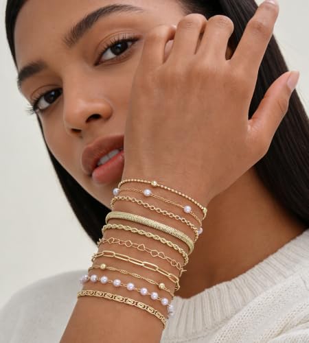 10 Pcs 14K Gold Plated Bracelet for Women, Dainty Stackable Chain Set - color: Gold-pearl