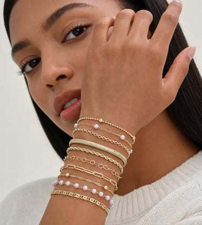 10 Pcs 14K Gold Plated Bracelet for Women, Dainty Stackable Chain Set - color: Gold-pearl