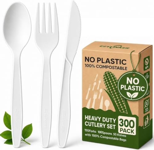 300-Count Compostable Utensils Set - Heavy Duty BPI Certified, Plastic-Free Disposable Forks, Spoons, Knives Set for BBQ, Camping, Events - Plant-Based No Plastic Cutlery - size: 300Pack Utensil Set