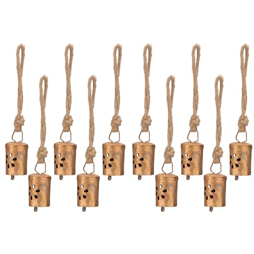 10 Pcs Rustic Gold Hanging Bells – Handmade Jingle Bell with Floral Cutout, Vintage Christmas Decor, Farmhouse Ornaments, Witch Bells, Crafting Supplies, Sleigh Bells, Wind Chimes, Door Chime Bells - color: Gold Cylinder Cutout 10 Pcs