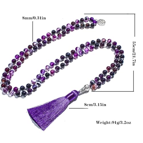 108 Mala Prayer Beads Necklace Natural Stones Meditation Yoga Jewery 108 Hand Knotted Japa Mala Beaded Long Tassel Necklace with Tree of Life Pendant for Men and Women - color: purple(Purple striped agate)