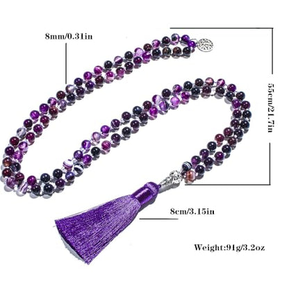 108 Mala Prayer Beads Necklace Natural Stones Meditation Yoga Jewery 108 Hand Knotted Japa Mala Beaded Long Tassel Necklace with Tree of Life Pendant for Men and Women - color: purple(Purple striped agate)