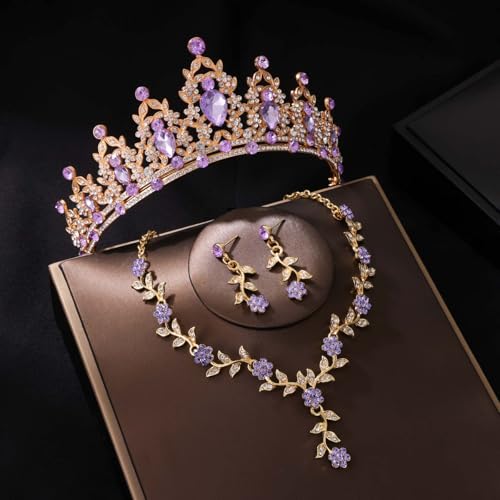 Kamirola Tiaras and Crowns for Women,Tiaras Earrings Necklace, Crystal Bridal Jewelry Set, Costume Party Halloween Prom Pageant Jewelry for Women(TR45) - color: Gold Purple