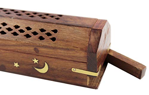 COTTON CRAFT Sheesham Wood Incense Burner Holder - Set of 2 Incense Burners - color: Natural - Sun & Moon Inlays, size: 2 Pack