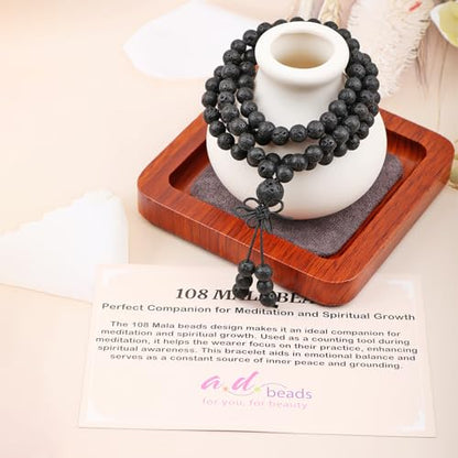 AD Beads 6mm 8mm 108 Prayer Mala Jasper Elastic Bracelet - Handmade Yoga Meditation Healing Power Energy Gifts for Unisex Adult. - color: Black Lava(Warmth)
