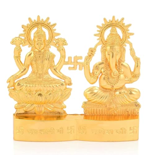 IS4A Lakshmi Ganesh Gold Plated Energized Idol Statue Figurine Wedding Festival Anniversary Diwali Puja Spiritual Gift 4 Inch