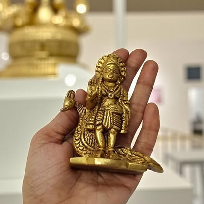 3.5 Inch Brass Lord Kartikeya Idol with Peacock – Standing Hindu God Statue for Home Temple, Pooja, Altar, Shelf, Decorative Figurine, Spiritual Gift for Devotees