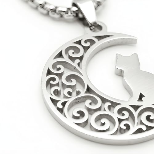 1" Stainless Steel Necklace Charms | Third Eye Vision | Peace Symbol | Finding Your Self | Yin & Yang | Moon Cat | Turtle Power | Flower of Life | | OM | Mystical Spiritual Protection, for Men & Women - style: Moon Cat Silver