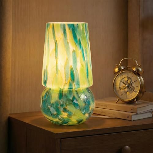 9.8″ Mushroom Glass Table Lamp, Dimmable Modern Beside Lamp, Emerald Teal - color: Emerald Teal