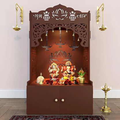 Lotus Pattern MDF Wood Temple with Spacious Shelf inbuilt Focus Light White - color: White, size: Large
