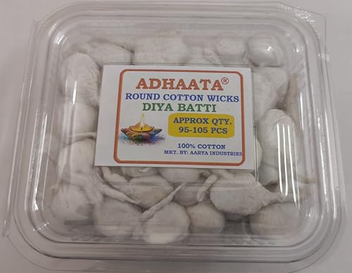 Handmade Raw Cotton Wicks for Diya, Jyot Bati Akhand Pooja Lamps, Diya Ghee Batti Box Pack, for Pooja, Aarti, Clay Diya Batti Home Mandir Temple, Diwali, Deepawali (Pack of 100, Round (GOL)) - size: Round (Gol)