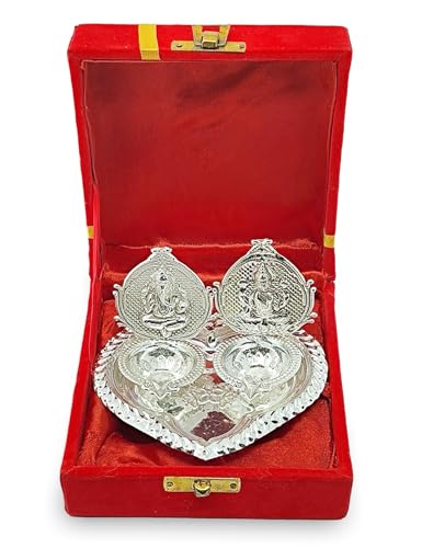 NOBILITY German Silver Diya with Red Velvet Gift Box Ganesh Lakshmi Design Idol Dia Pooja Items Diwali Decoration Puja Gifts Handmade Oil Lamp Traditional Indian Deepawali Gift Items - size: 1 Set