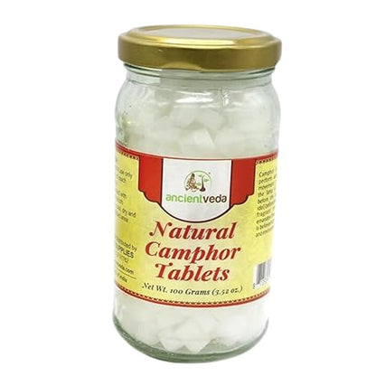 ANCIENT VEDA Natural Camphor Tablets in Glass Jar Bottle Premium Quality Refined 100% Natural for Aromatherapy, Odor Eliminator, Puja, Alcanfor (100 Gram) - size: 100 Gram