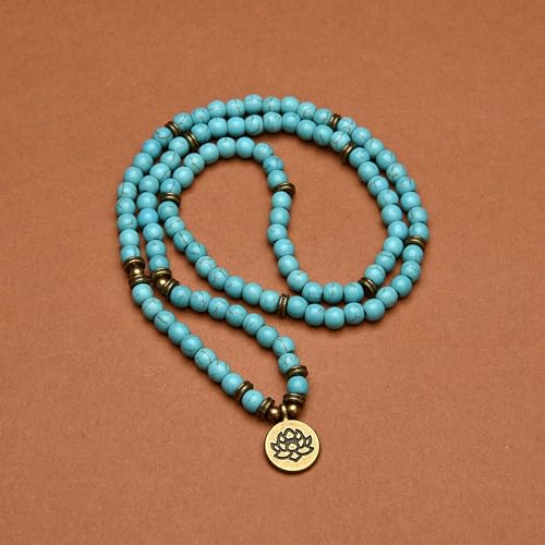 108 Healing Mala Beads Bracelet or Necklace with Gold Lotus Charm - style: Green Turquoise
