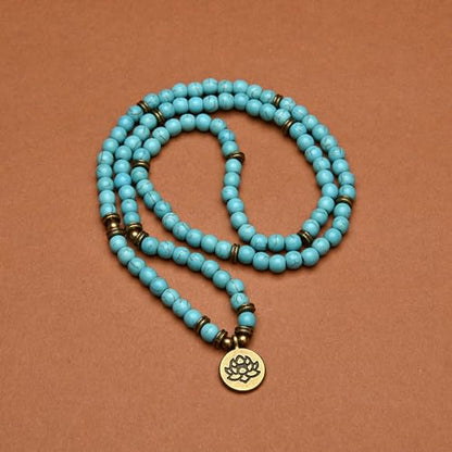 108 Healing Mala Beads Bracelet or Necklace with Gold Lotus Charm - style: Green Turquoise