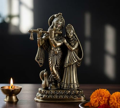 StonKraft - Radha Krishna Pair Murti Idol Statue Sculpture - Brass - 6" Inches - Antique