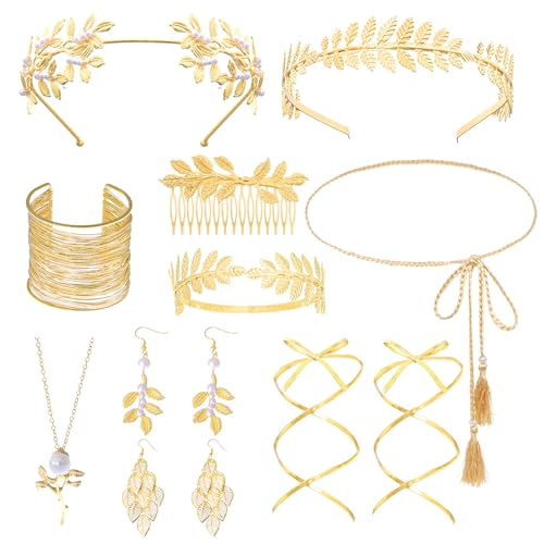 9 Pcs Greek Goddess Accessories for Women Golden Roman Laurel Leaf Crown Headband Upper Arm Cuff Bracelet Pearl Drop Earrings Necklace Toga Waist Belt Toga Costume Jewelry for Bridal Bridesmaid Wedding Party - style: Elegant