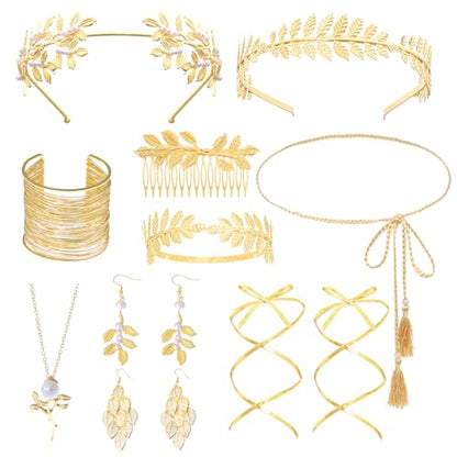 9 Pcs Greek Goddess Accessories for Women Golden Roman Laurel Leaf Crown Headband Upper Arm Cuff Bracelet Pearl Drop Earrings Necklace Toga Waist Belt Toga Costume Jewelry for Bridal Bridesmaid Wedding Party - style: Elegant