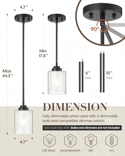 TENGXIN Matte Black Pendant Lights Kitchen Island, Dual Glass Shade - color: Matte Black, Dual Glass, size: 4"