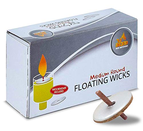 Ner Mitzvah Round Floating Wicks – 50 Count (Approx.), Medium Sized Cotton Wicks and Cork Disc Holders for Oil Cups - Bonus Wick Removal Tweezers - size: 1-Pack