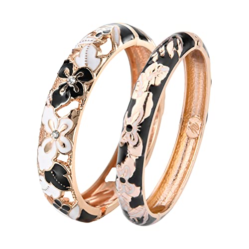 UJOY Fashion Cloisonne Bracelets Plated Butterfly Filigree Enameled Womens Gifts Bangles Spring Hinged 88A09 - color: A09-Butterfly (2 Pcs Set)-Black