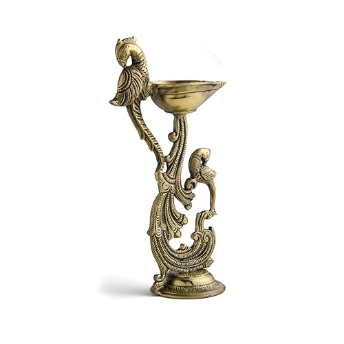 Esplanade Brass Peacock Design Diya - Traditional Festive Decor, Solid Heavy Brass Oil Lamp, Elegant Royal Aesthetic for Diwali, Wedding, Housewarming, Pooja Room - Handcrafted Decorative Showpiece