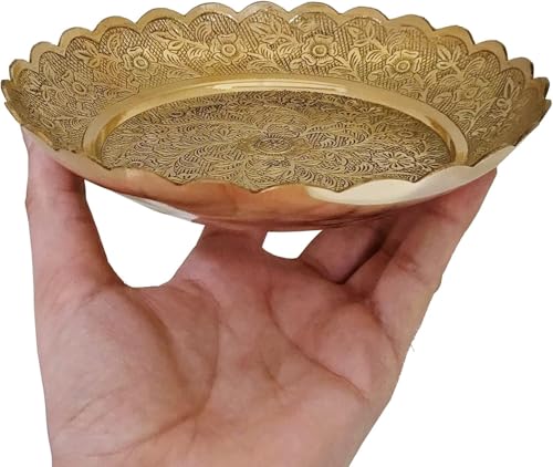 SATVIK Handmade Brass Nakashi Plate – 6 Inch Pooja Thali Set for Puja, Bhog, and Temple Decoration