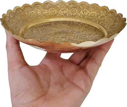 SATVIK Handmade Brass Nakashi Plate – 6 Inch Pooja Thali Set for Puja, Bhog, and Temple Decoration
