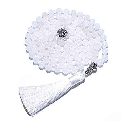 108 Mala Prayer Beads Necklace Natural Stones Meditation Yoga Jewery 108 Hand Knotted Japa Mala Beaded Long Tassel Necklace with Tree of Life Pendant for Men and Women - color: 8mm White Transparent Marble