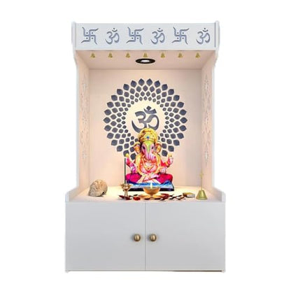 Om Chakra Floor Temple with Spacious Wooden Shelf Inbuilt Focus Light Finish, 38 inch, 57 cm White - color: White2, size: Large