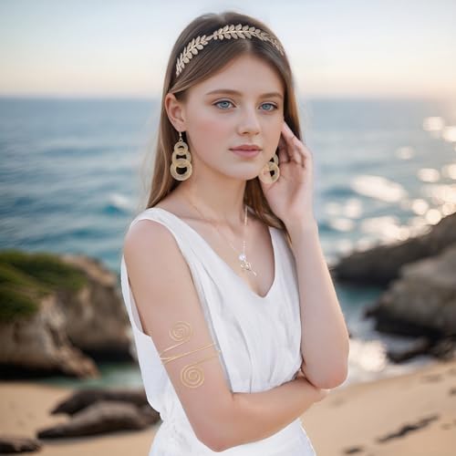 9 Pcs Greek Goddess Accessories for Women Golden Roman Laurel Leaf Crown Headband Upper Arm Cuff Bracelet Pearl Drop Earrings Necklace Toga Waist Belt Toga Costume Jewelry for Bridal Bridesmaid Wedding Party - style: Graceful